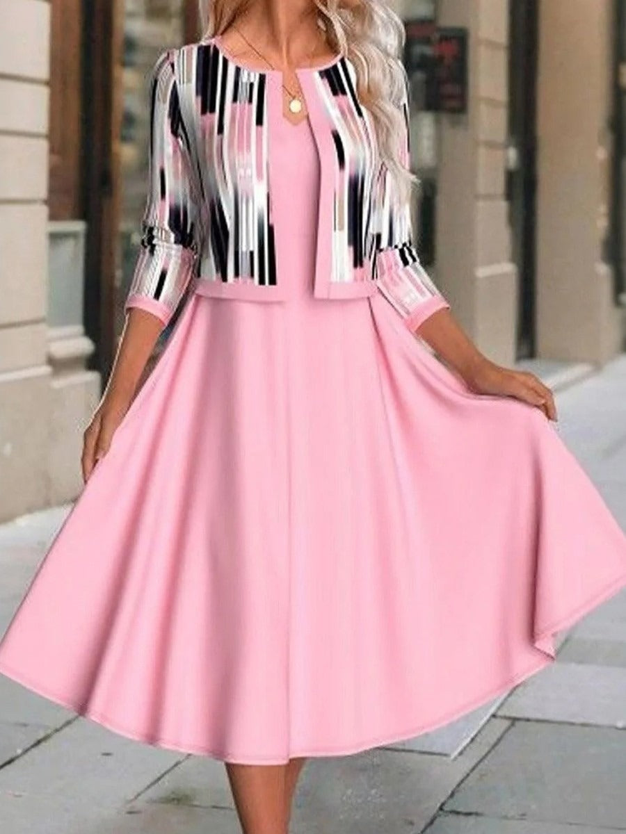 Sweet Pink Midi Dress With Jacket Two Piece Suits