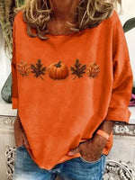 Halloween Pumpkin Maple Leaf Print Round Neck Long Sleeve Tops