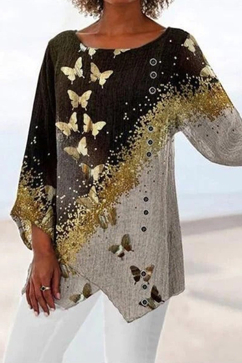 Round Neck Butterfly Print Pullover Long Sleeve Casual Blouse