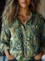 Vintage Ethnic Print Lapel Long Sleeve Loose Comfy Blouse