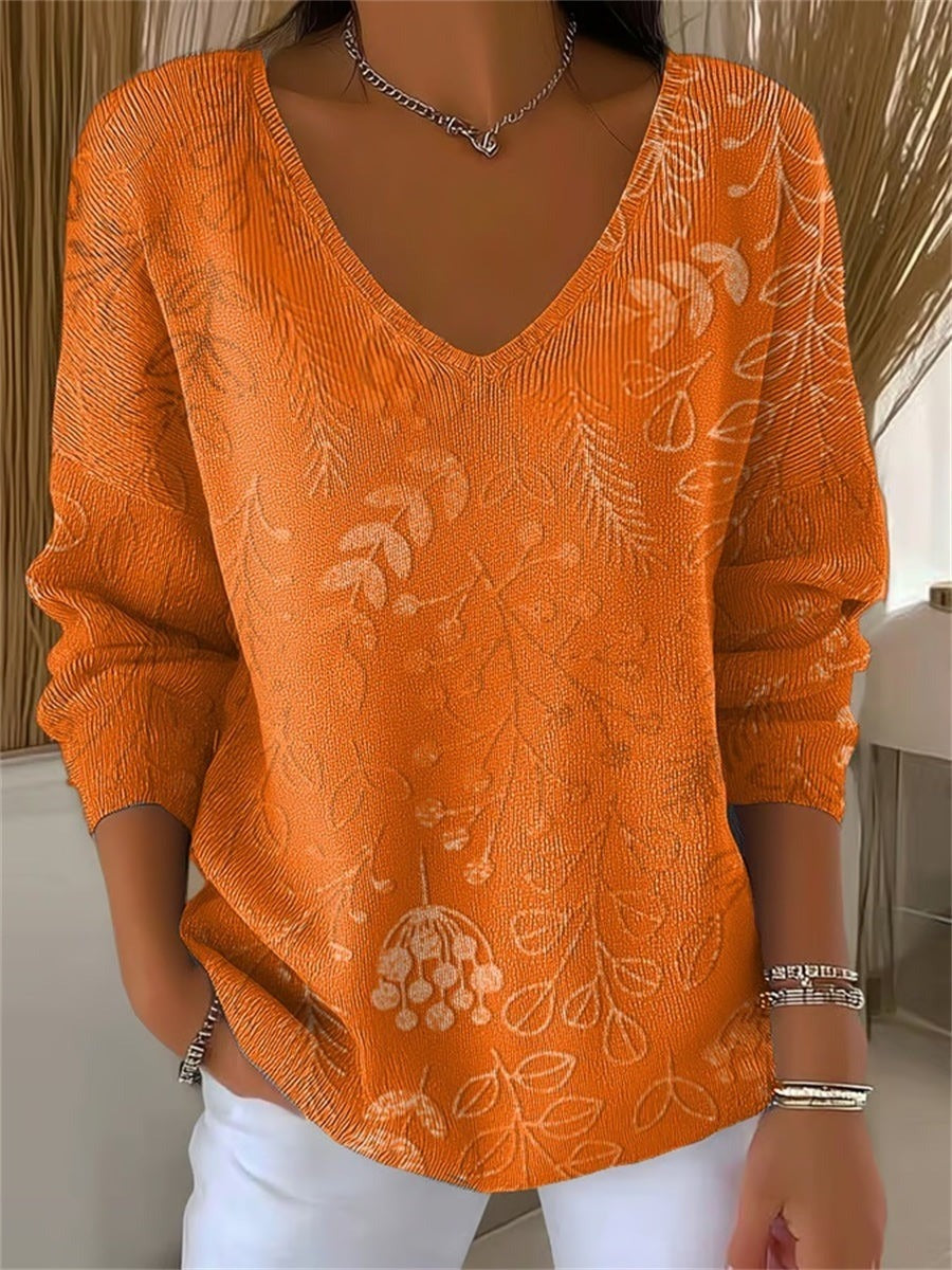 Autumn Leaf Print V-neck Long Sleeve Loose Sweater
