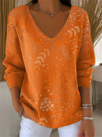Autumn Leaf Print V-neck Long Sleeve Loose Sweater