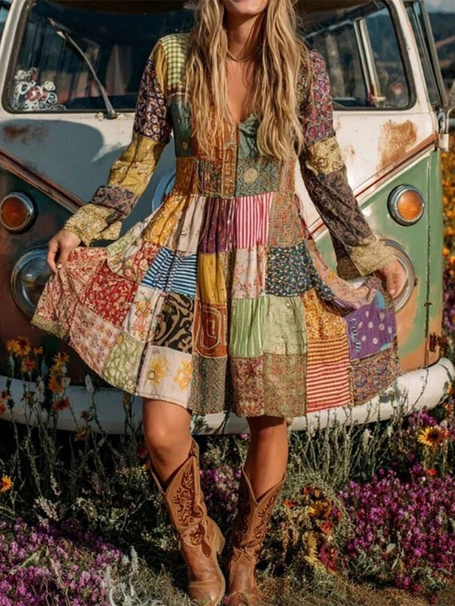Retro Bohemian Patchwork Color Block V-neck Long Sleeve Mini Dress