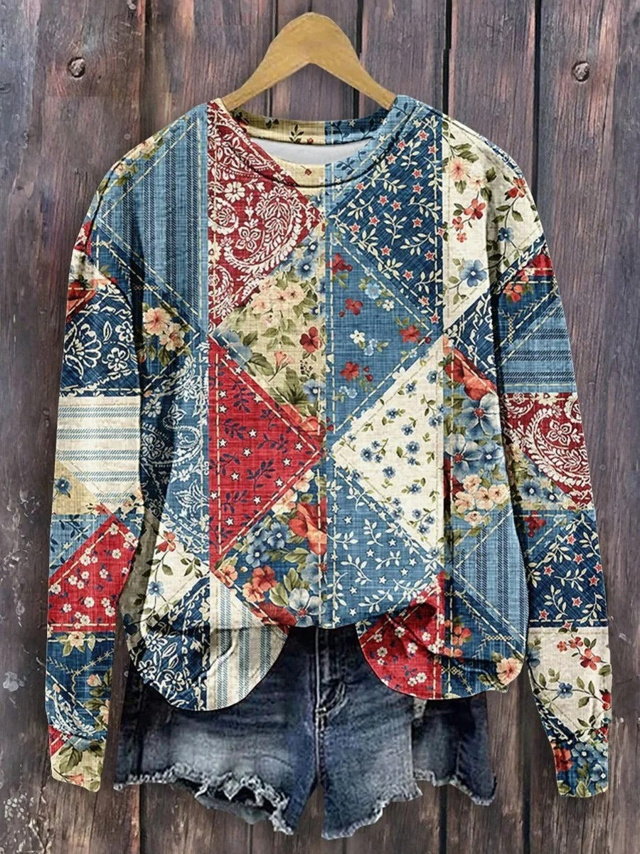 Trendy Blue Geometric Floral Print Round Neck Long Sleeve Sweatshirt