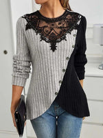 Color Block Ribbed Knit Lace Round Neck Long Sleeve Slim Fit Sweater with Button Details
