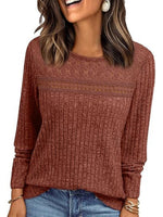 Elegant Plain Ribbed Knit Crew Neck Long Sleeve Sweater with Crochet Lace Yoke