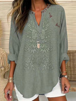 Floral Print V-neck Long Sleeve Loose Comfy Blouse