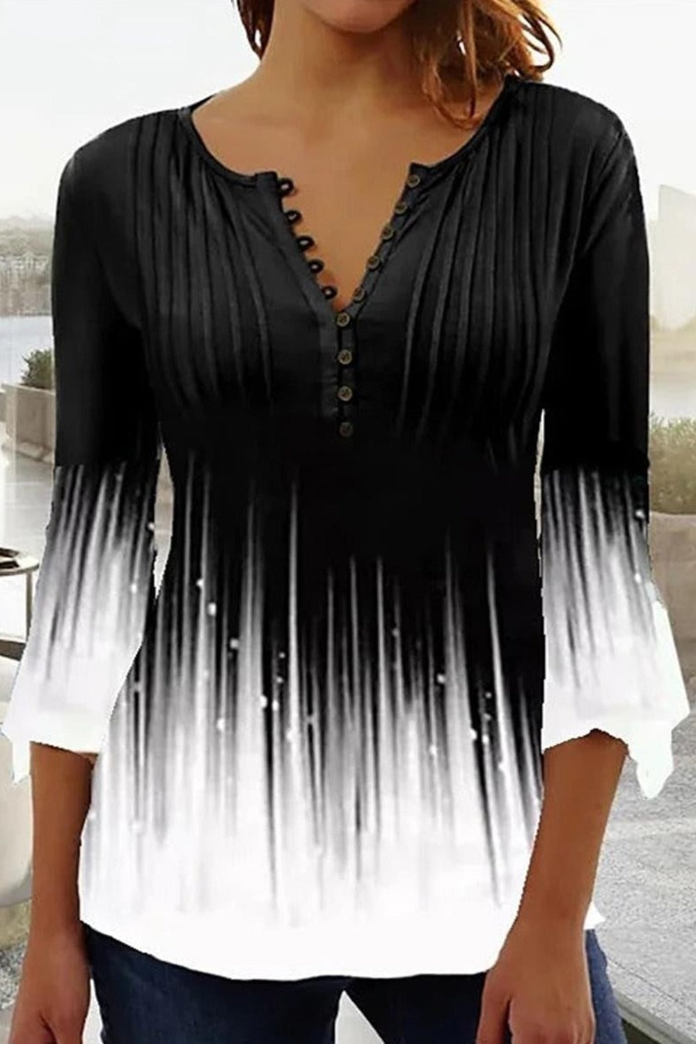 V-Neck Graphic Striped with Bottons Long Sleeve Casual Blouse