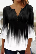 V-Neck Graphic Striped with Bottons Long Sleeve Casual Blouse