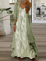 Green Floral V-neck Long Sleeve Casual Comfy Maxi Dress With Jacket