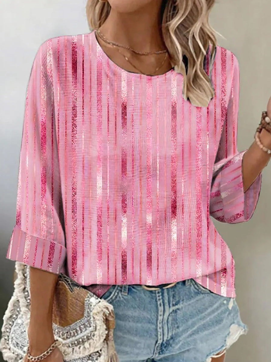 Sweet Pink Sparkle Stripe Print Round Neck Long Sleeve Loose Casual Blouse