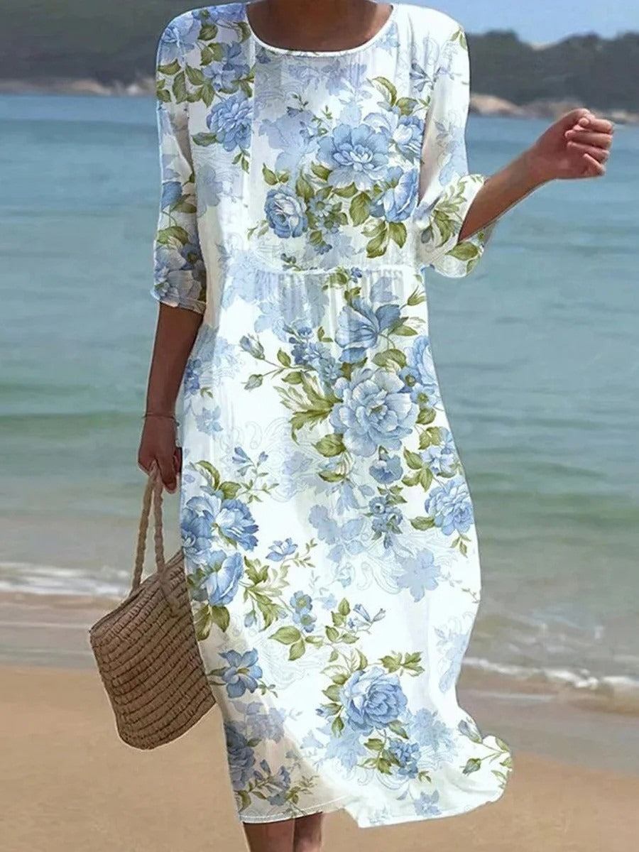 Breezy Round Neck 3/4 Sleeve Midi Dress