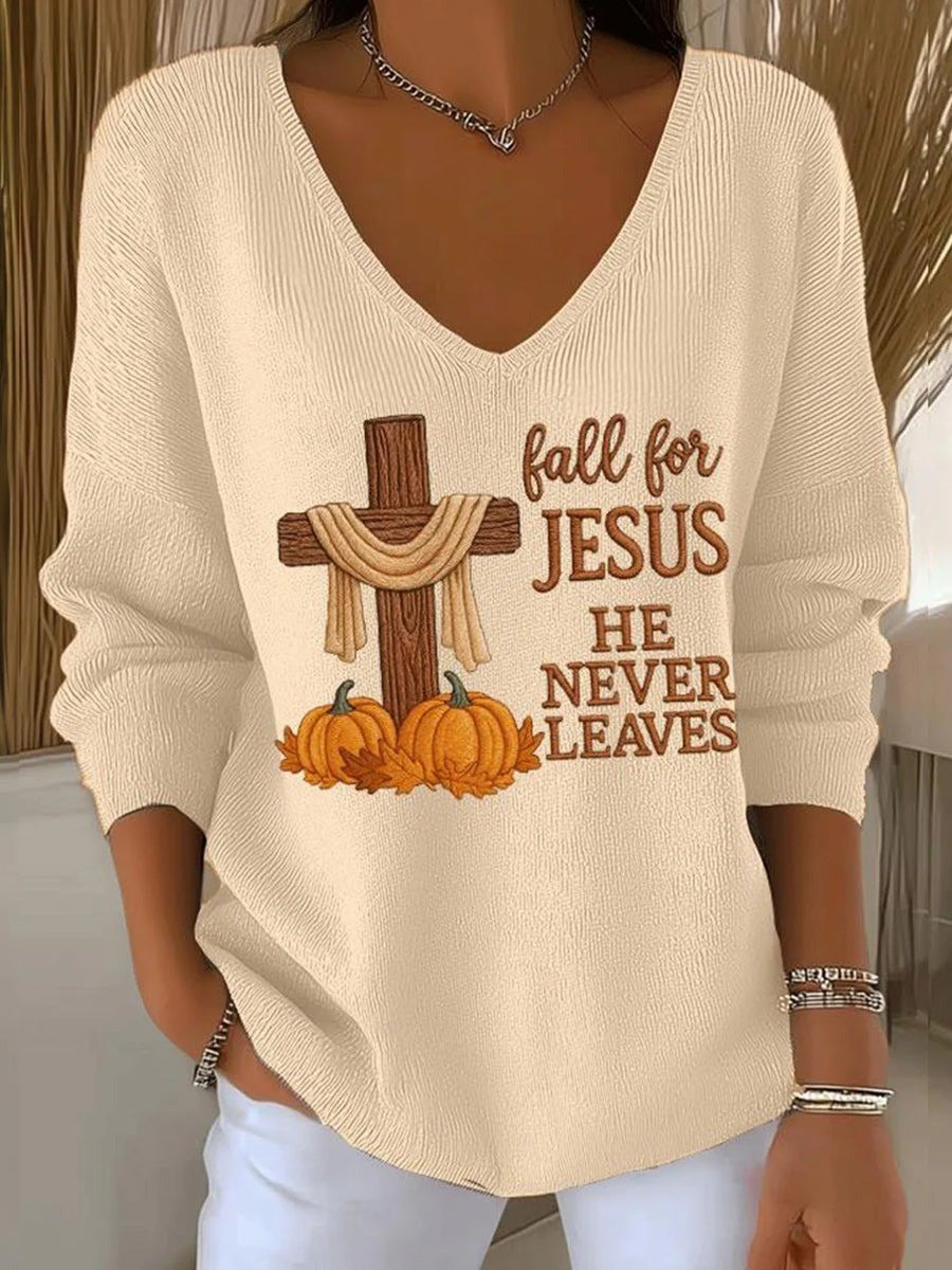 Fall for Jesus Pumpkin Cross Print V-Neck Long Sleeve Autumn Sweater