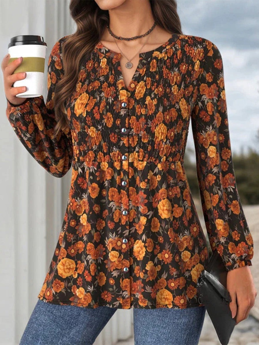 Classic Floral Print V-neck Buttons Long Sleeve Casual Tunic Blouse