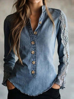 Breezy V-Neck Lace Long Sleeve Buttons Blue Casual Shirt