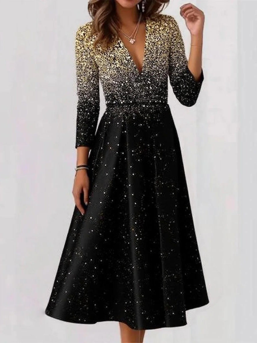 Unique Sequins V-Neck Long Sleeve Elegant Midi Dress