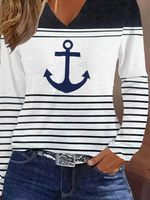 Nautical Anchor Print Striped V-Neck Long Sleeve Casual T-Shirt