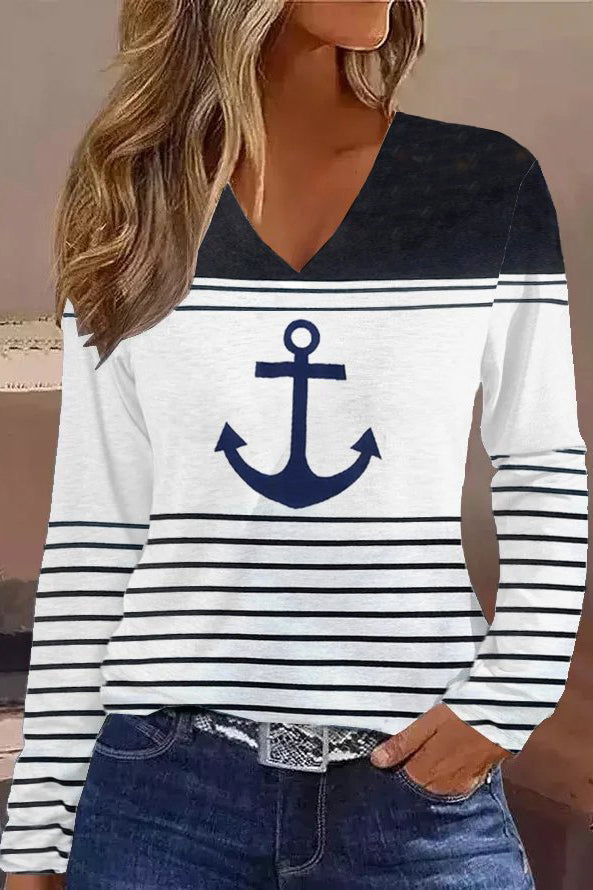Nautical Anchor Print Striped V-Neck Long Sleeve Casual T-Shirt