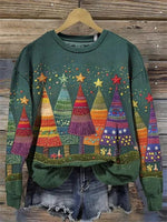 Green Lovely Christmas Tree Art Print Round Neck Long Sleeve Casual Comfy Sweatshirt