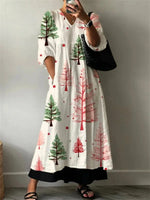 Vintage Christmas Tree Print Pocket V-neck Half Sleeve Maxi Dress