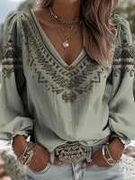 Vintage Casual V-neck Long Sleeve Blouse