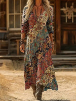 Vintage Ethnic Floral Print V-neck Long Sleeve Comfy Maxi Dress