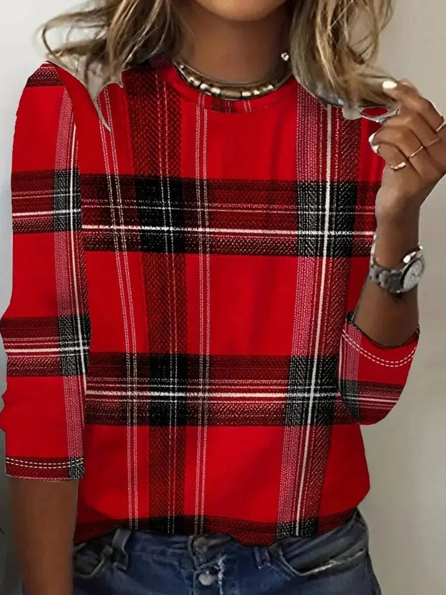 Rotes kariertes Langarmshirt mit Rundhalsausschnitt