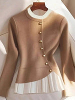 Apricot Asymmetrical Button Round Neck Long Sleeve Knit Sweater with Contrast Pleated Hem
