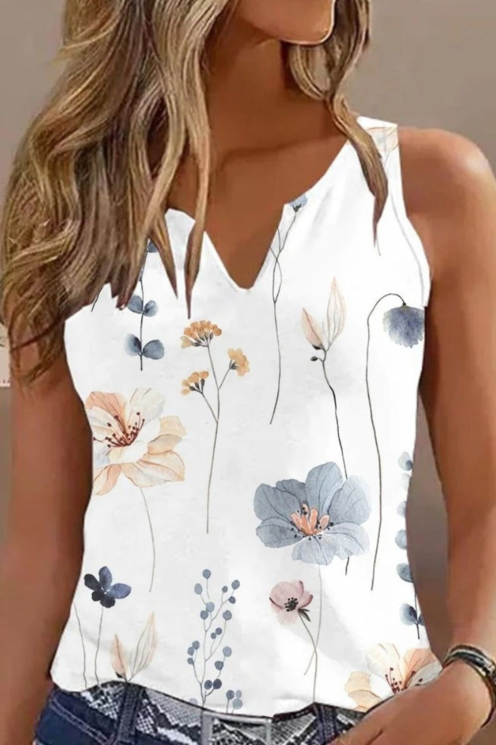 V Neck Fresh Floral Print Sleeveless Tank Top