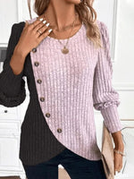 Chic Colorblock Ribbed Knit Asymmetrical Button Crew Neck Long Sleeve Slim Fit Sweater