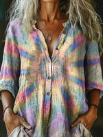 Vintage Colourful Abstract Art Print Lapel Long Sleeve Loose Casual Blouse