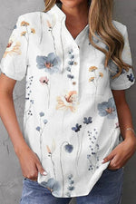 V Neck Floral Print Short Sleeve Casual Blouse