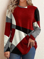 Red Geometric Art Print Crew Neck Long Sleeve Casual Pullover Sweater