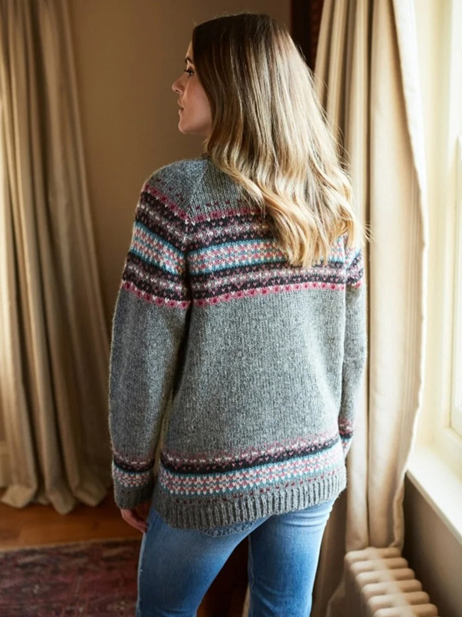 Cozy Fair Isle Knit Button-Front Long Sleeve Soft Warm Cardigan