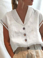 Solid V Neck Lace Button-Up Short Sleeve Shirt