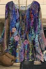 Round Neck Loose Floral Print Long Sleeve Casual Blouse