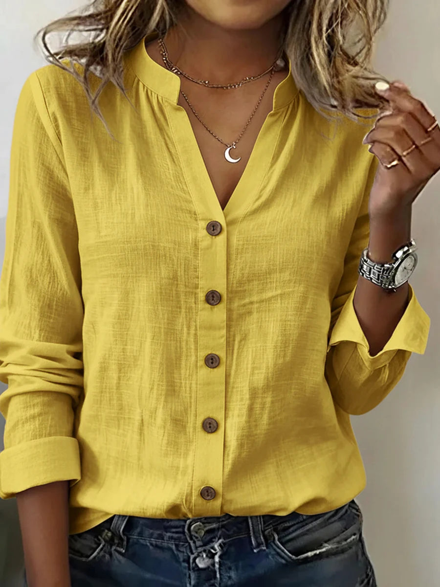 V-neck Linen and Cotton 3/4 Sleeved Casual Shirt