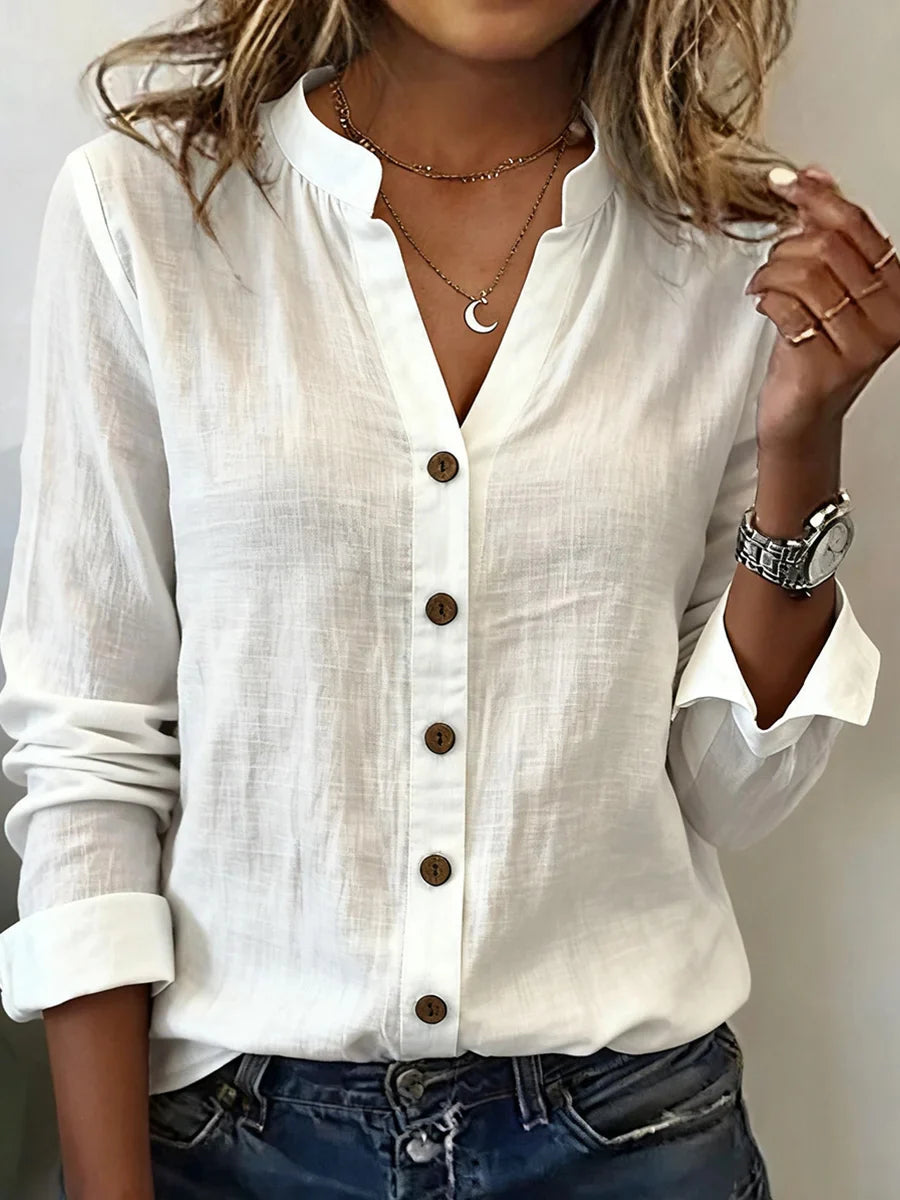 V-neck Linen and Cotton 3/4 Sleeved Casual Shirt