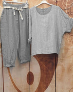 Pure Color Round Neck Stripe Half Sleeve Casual Two Piece Suits