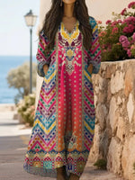 Ethnic Pattern Long Sleeve V-Neck Casual Cotton Maxi Dress