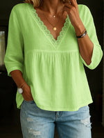 3/4 Sleeve Cotton And Linen V-Neck Lace Blouse