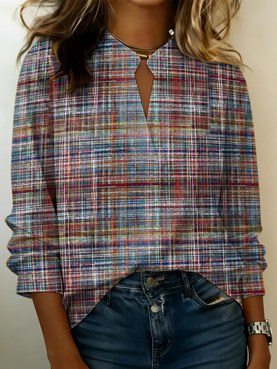 Colorful Geometric Print Notched Long Sleeve Casual Shirt