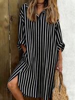 Vintage Stripe Print Shirt Collar Long Sleeve Casual Mini Shirt Dress