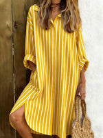 Vintage Stripe Print Shirt Collar Long Sleeve Casual Mini Shirt Dress