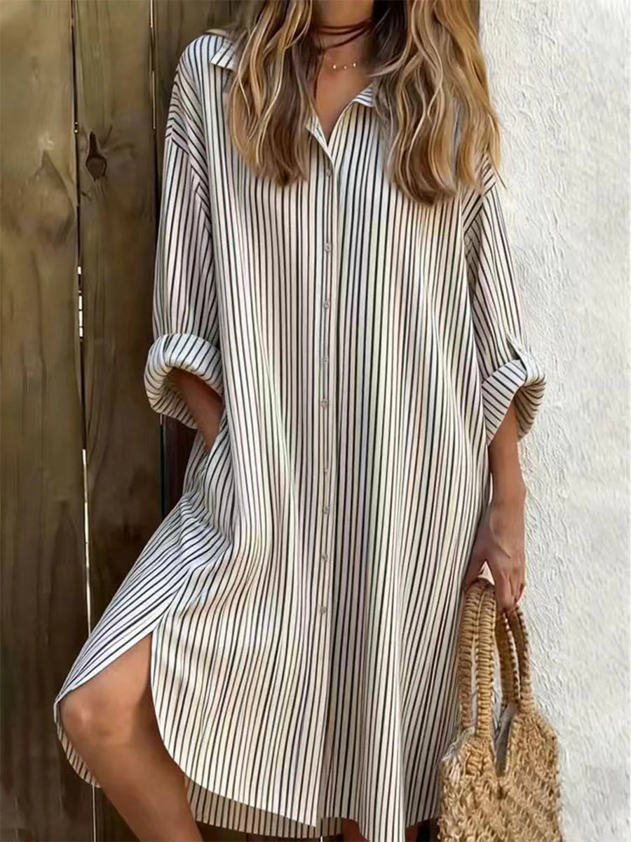 Vintage Stripe Print Shirt Collar Long Sleeve Casual Mini Shirt Dress