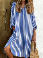 Vintage Stripe Print Shirt Collar Long Sleeve Casual Mini Shirt Dress