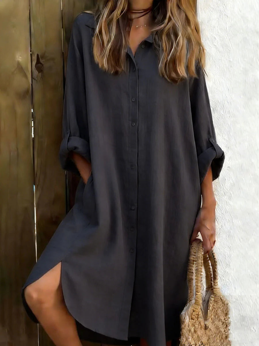 Solid Color Shirt Collar Long Sleeve Casual Mini Shirt Dress