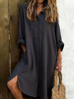 Solid Color Shirt Collar Long Sleeve Casual Mini Shirt Dress