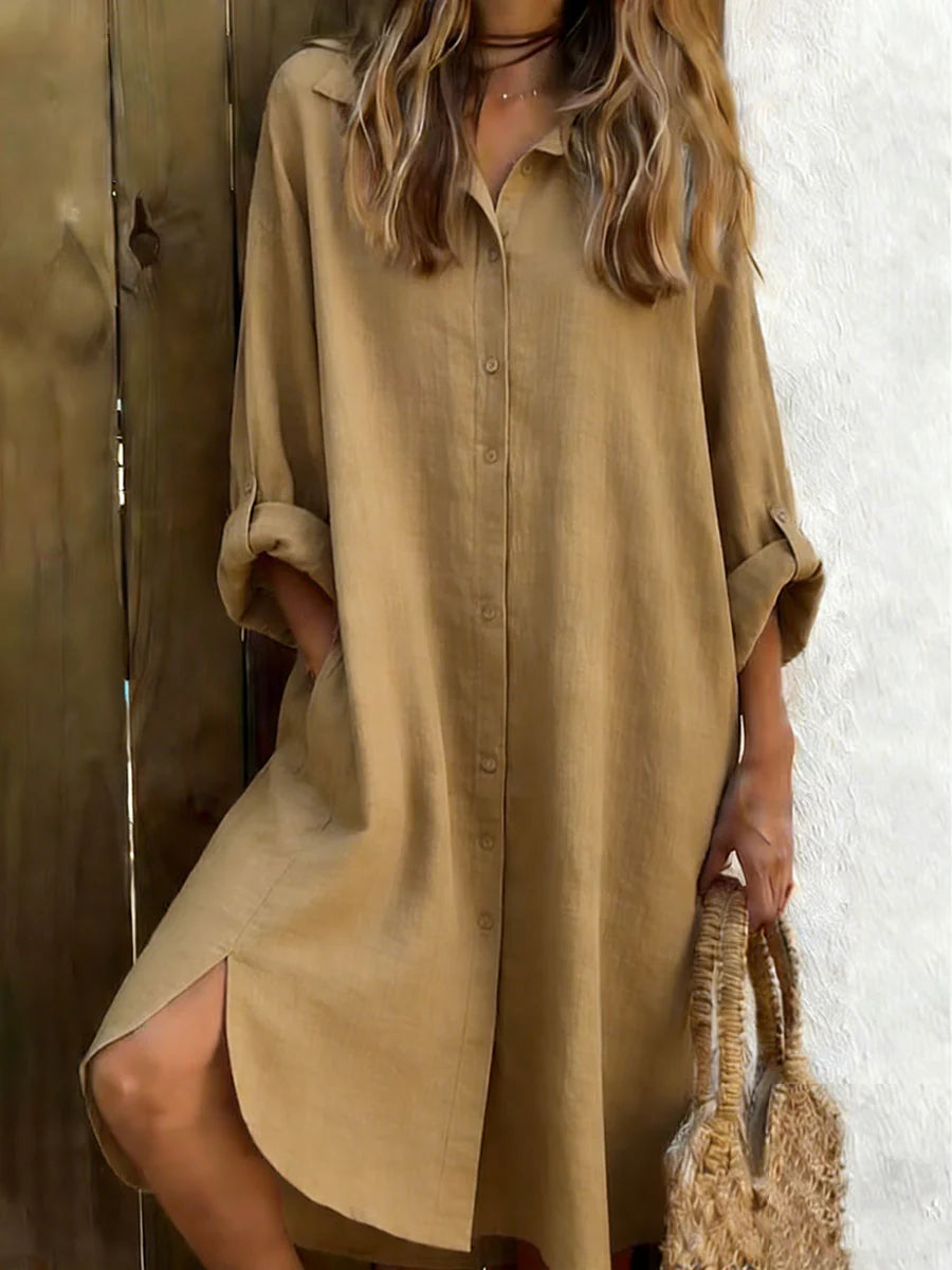 Solid Color Shirt Collar Long Sleeve Casual Mini Shirt Dress