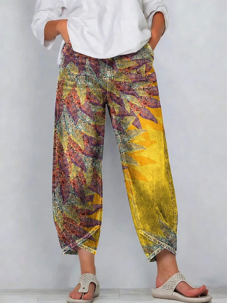 Vintage Flowers Print Pockes Casual Denim Pants